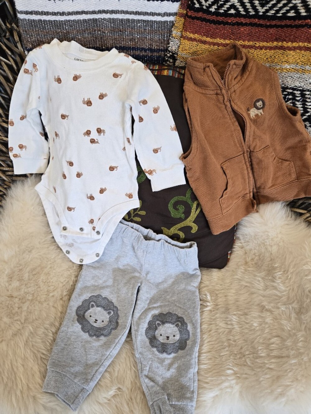 Carter's Lion Themed White Bodysuit, Gray Pants & Brown Vest Set